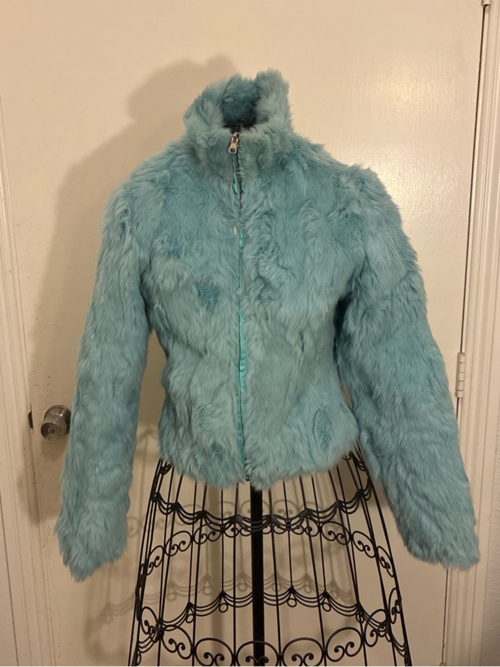 Fur Zip-Up Jacket in Light Teal Reversible